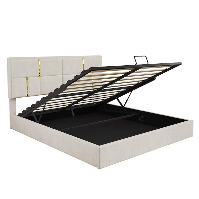 Luxury Lift-Up Queen Upholstered Platform Frame with Hydraulic Storage and Modern Gold Accents by Harper&Bright Designs