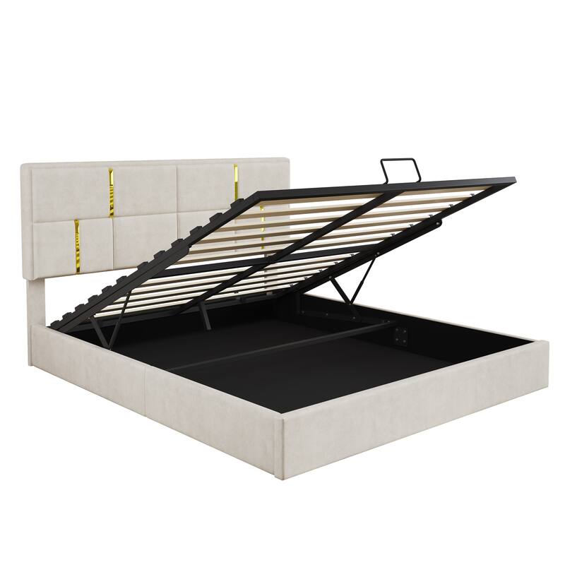 Roomfitters Queen Upholstered Platform Bed with Hydraulic Storage Lift, Modern Bed Frame, No Box Spring Required