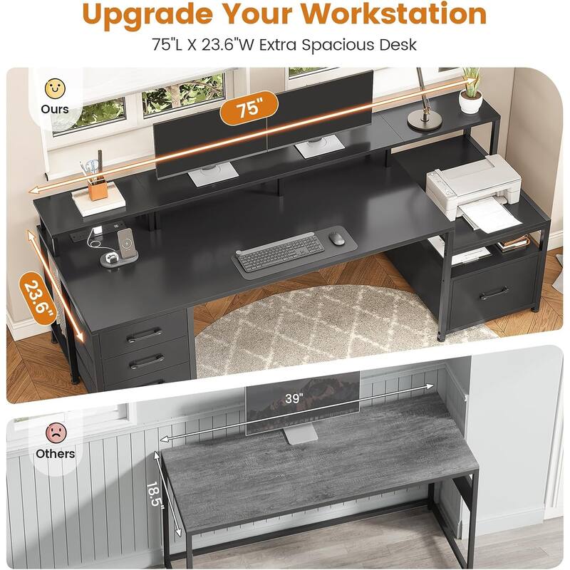 Home Computer Desk File Drawer & Power Outlet 5 Drawer Monitor Shelf