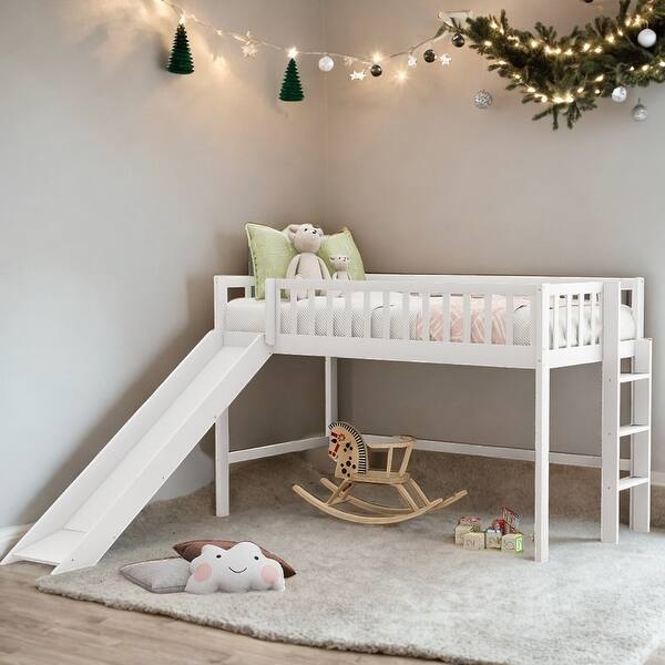 slide 2 of 14, Elegant & Contemporary Design Twin Size Low Loft Bed with Vertical Ladder and Smooth Slide, Space-saving, Long-time Use, White White