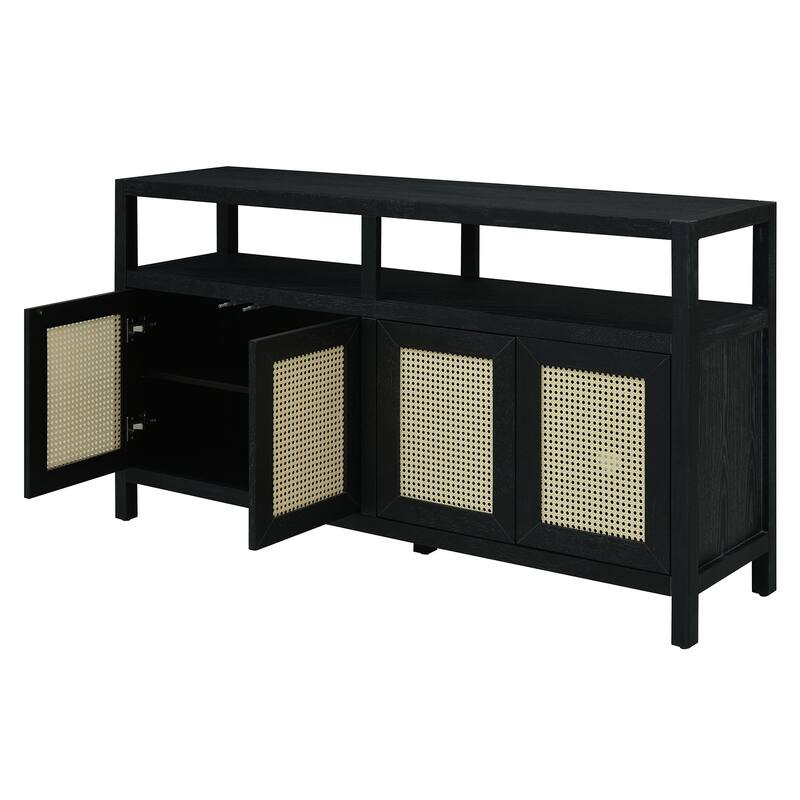 Anmytek Black Bohemian Rattan Sideboard Solid Wood Buffet Cabinet with Adjustable Shelves Push to Open for Living Dining Room