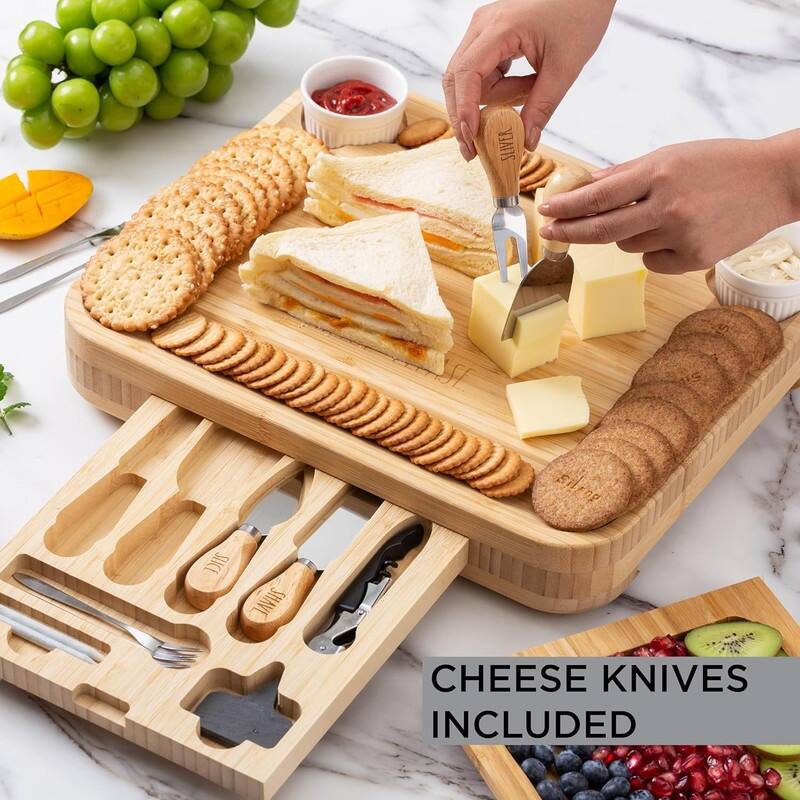 Rae Dunn Charcuterie Board & Accessories, Bamboo Cheese Board Set with Serving Forks and Platters, Cheese Knives Included
