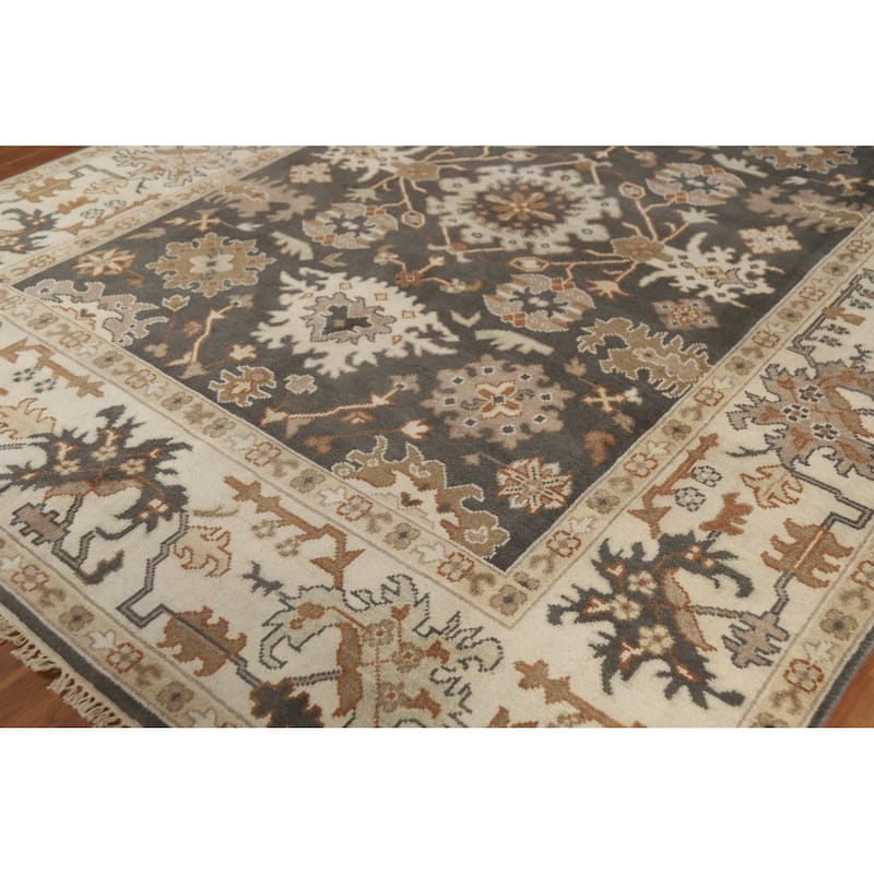 Dark Gray Floral Oushak Indian Area Rug Handmade Wool Carpet - 7'11" x 10'0"