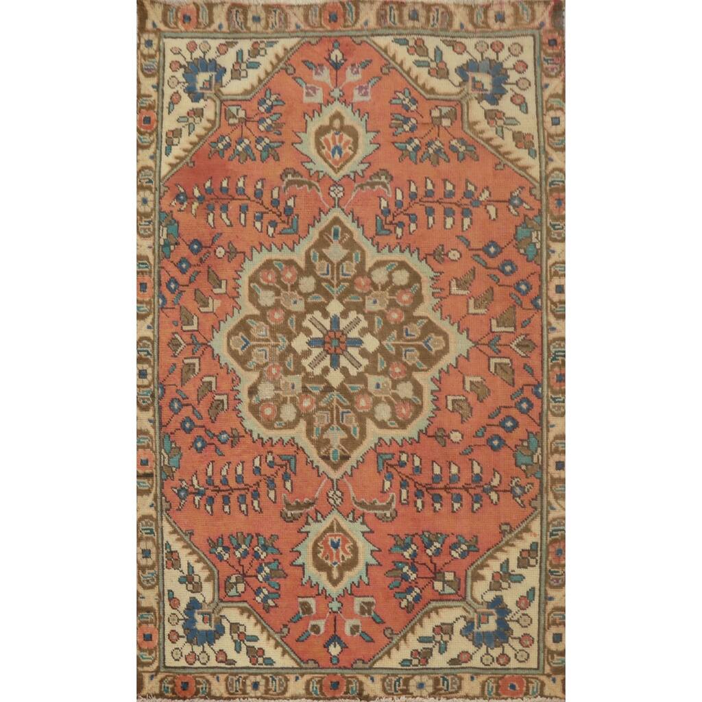 Hand Knotted Oriental 100% Wool Carpet Traditional Floral Oranges & Rust Tabriz Area Rug - 4' 10'' X 3' 2''