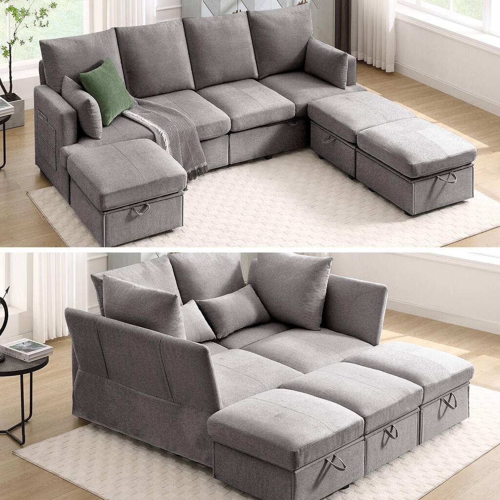 Dark Grey 7-Seater Chenille U-Shaped Modular Sectional Sofa with Storage