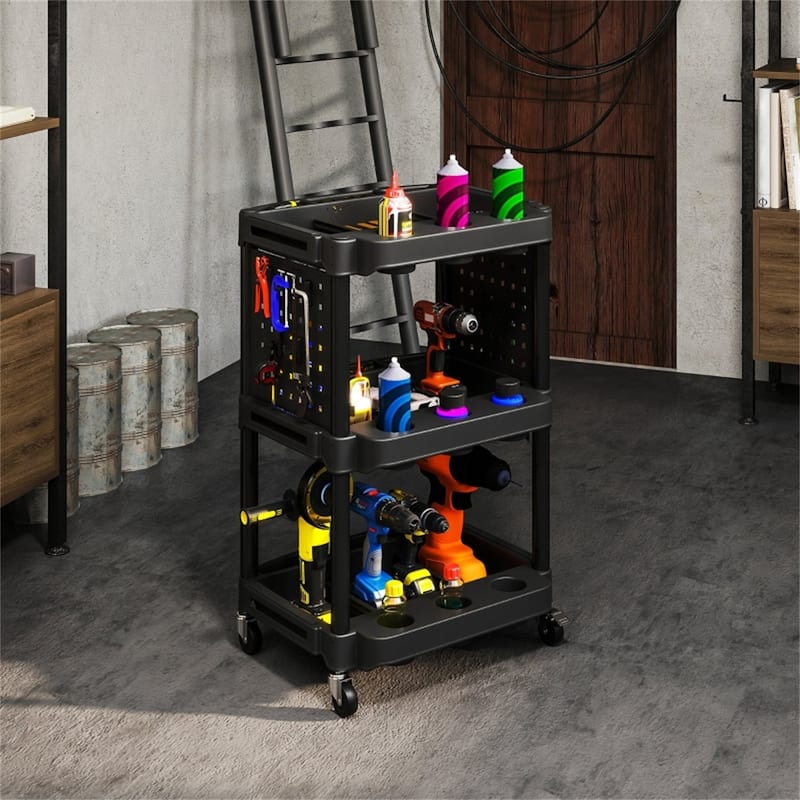 Three-Tier Mobile Rolling Tool Cart with Hooks and Storage Holes for Garage Workshop Organizer - 22.2" W x 18.7" D x 35" H
