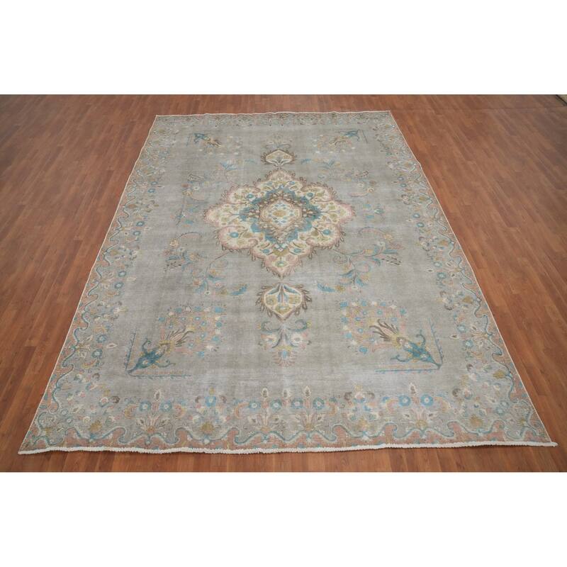 Hand Knotted Oriental 100% Wool Carpet Traditional Medallion Greys & Charcoal Tabriz Area Rug - 12' 3'' X 9' 1''