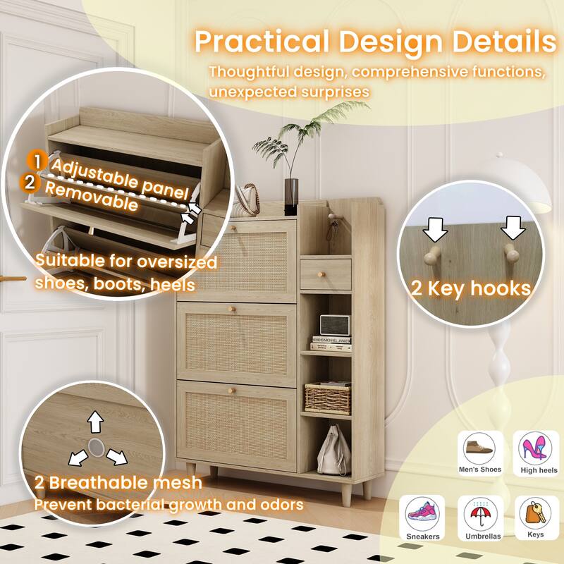 Natural Bohemia Style Shoe Cabinet with 3 Rattan Flip Drawers and 3 Cube Storage Shelves