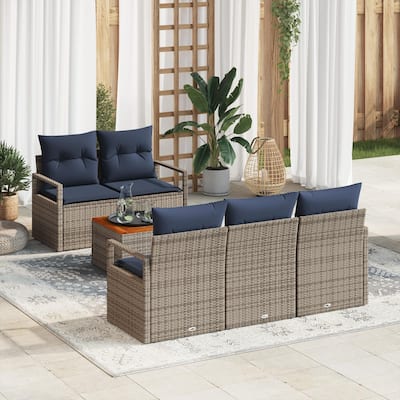 vidaXL 6 Garden Sofa Set with Cushions Black/Grey Poly Rattan - 68.9 x 24.4 x 27.2
