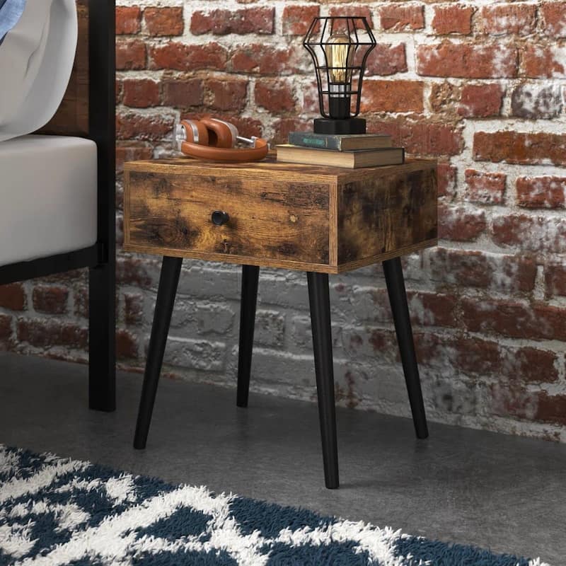 Mid Century Modern Farmhouse Nightstand with Single Drawer Black Tapered Legs and Wood Grain Finish