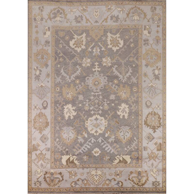 Gray Oushak Indian Area Rug Hand-Knotted Floral Wool Carpet - 9'3"x 11'7"