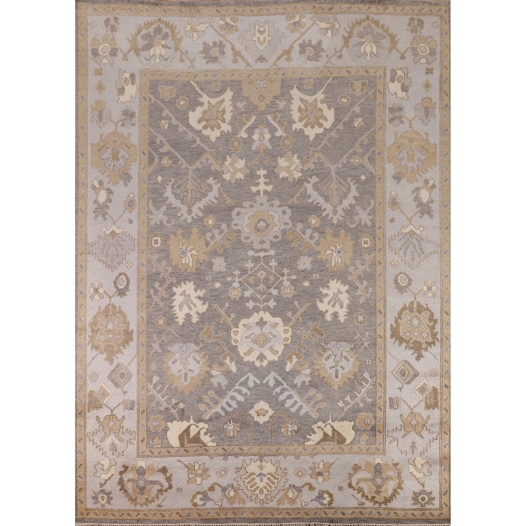 Gray Oushak Indian Area Rug Hand-Knotted Floral Wool Carpet - 9'3"x 11'7"