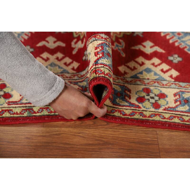 Red Kazak Foyer Rug Geometric Handmade Wool Carpet - 2'7"x 3'11"