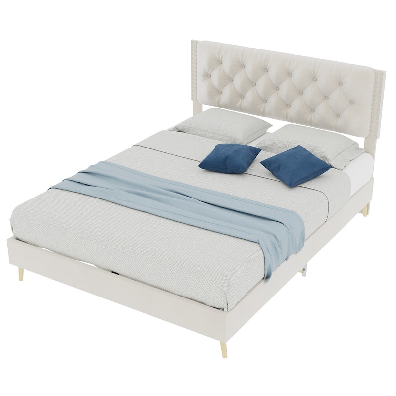 Modern Upholstered Platform Bed Frame with Tufted Headboard/Wood Slats Support/Noise-Free Stable Structure/No Box Spring Needed