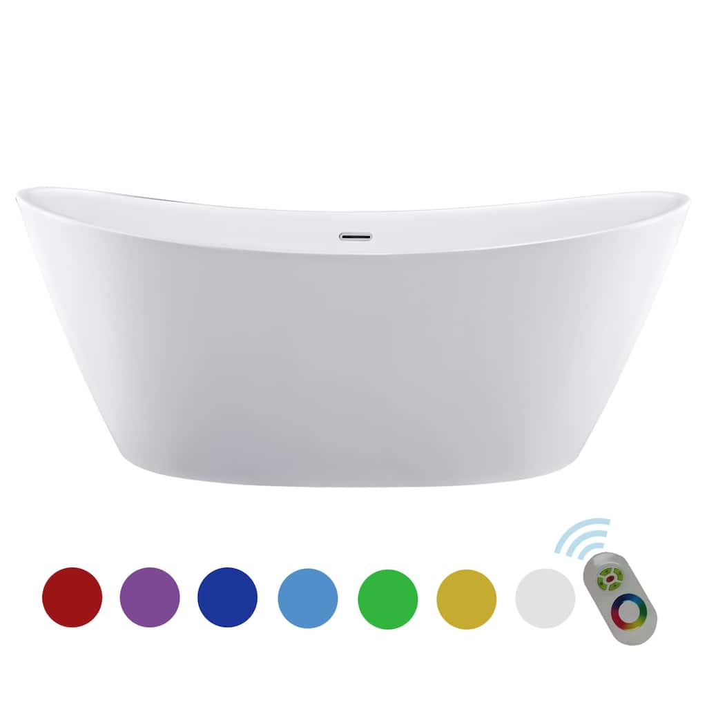 59" x 30" Freestanding Hourglass Soaking Acrylic Lights Bathtub in White with Brushed Nickel Overflow and Drain