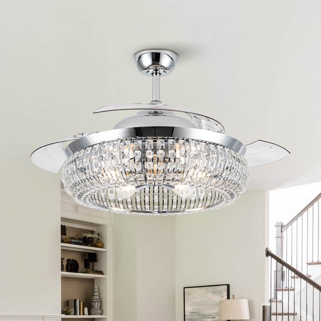 52" Chrome Crystal Smart Chandelier Ceiling Fan with Light and Remote, App Control, Voice Control