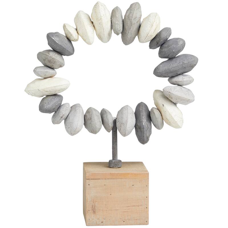 Gray Metal Circular Stone Abstract Decorative Sculpture with Brown Wooden Base