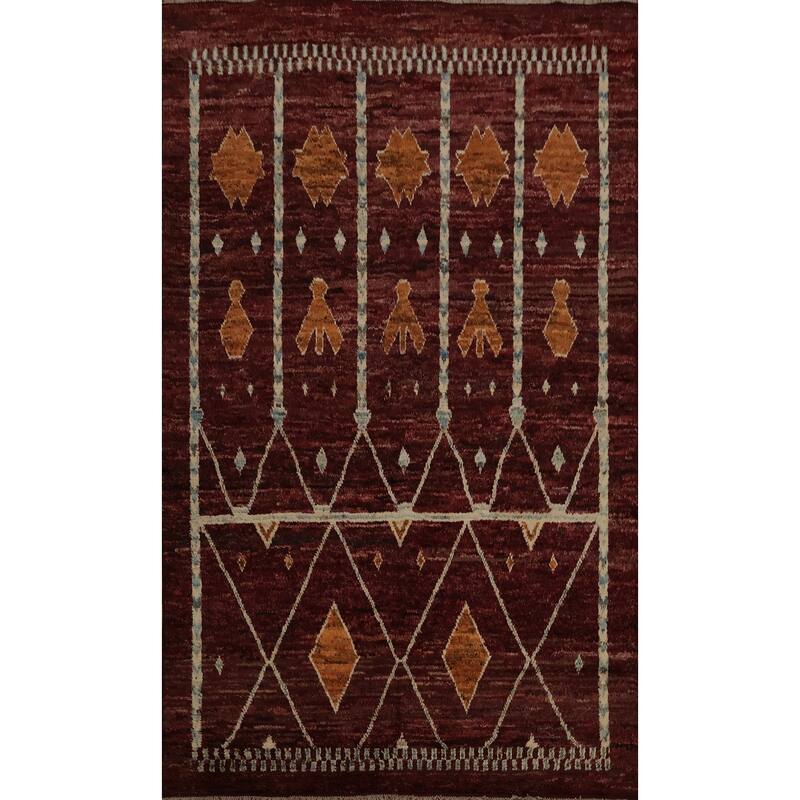 Hand Knotted Oriental 100% Wool Carpet Modern Tribal Red Moroccan Area Rug - 9' 9'' X 6' 8''