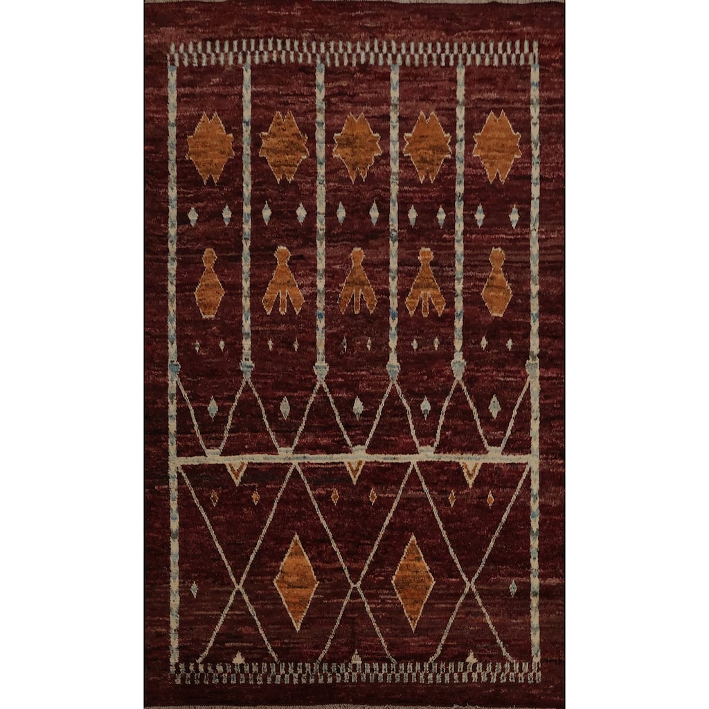 Hand Knotted Oriental 100% Wool Carpet Modern Tribal Red Moroccan Area Rug - 9' 9'' X 6' 8''