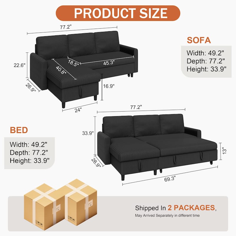 Futzca 3-in-1 Convertible Corduroy Sofa Bed with Storage, L-Shaped Sectional Couch