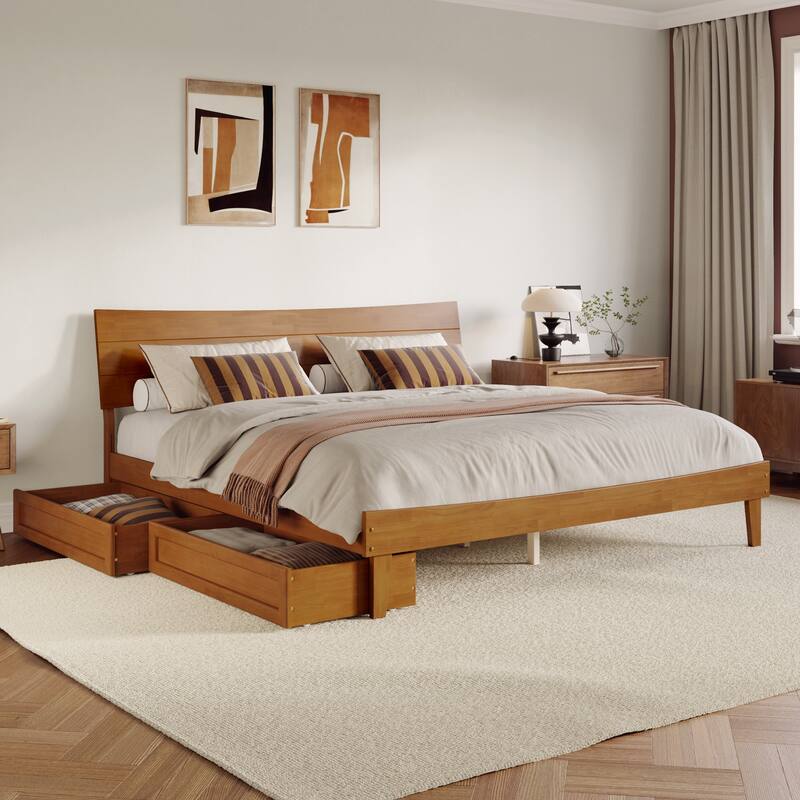 Phoenix Wood Platform Bed with Storage Drawers - Light Toffee - King