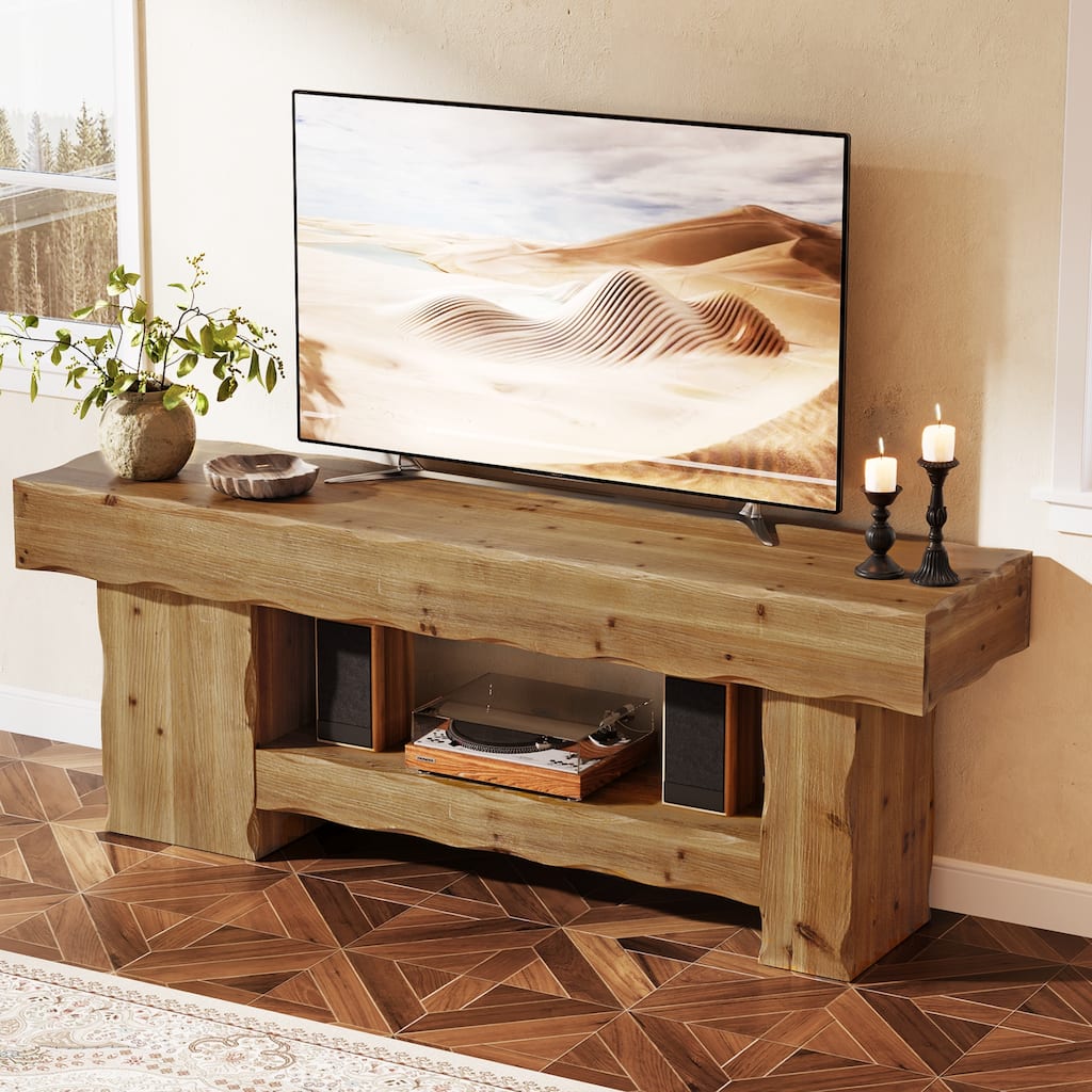 Solid Wood TV Stand for 55 65 70 75 inch TV, Farmhouse Entertainment Center with Storage for Living Room