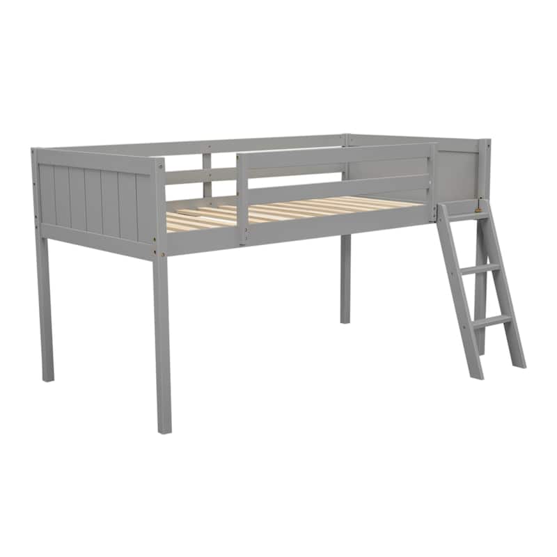 Twin Size Loft Bed with Ladder, Pine Wood Frame, Convertible Ladder Placement, Guardrails, and No Box Spring Required
