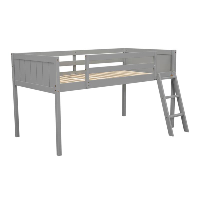 Twin Size Wooden Loft Bed with Adjustable Ladder and Guardrails, Sturdy Pine Frame, Space-Saving Design, Easy Assembly