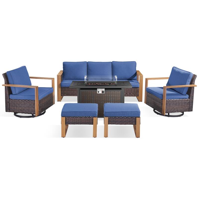 Meyreso Wicker Outdoor Patio Metal Fire Pit Set with Swivel Gliders & 4.5" Olefin Cushions