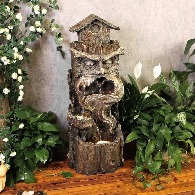 3-Tier Cascading Tree Trunk Water Fountain with LED Lights for Patio and Garden - Lighted