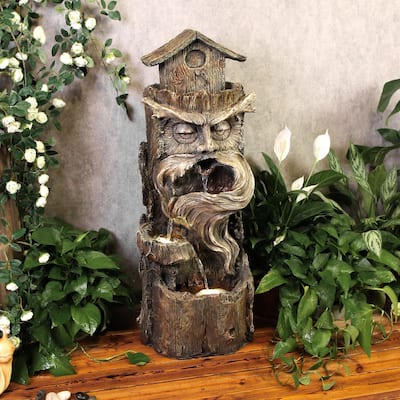 3-Tier Cascading Tree Trunk Water Fountain with LED Lights for Patio and Garden