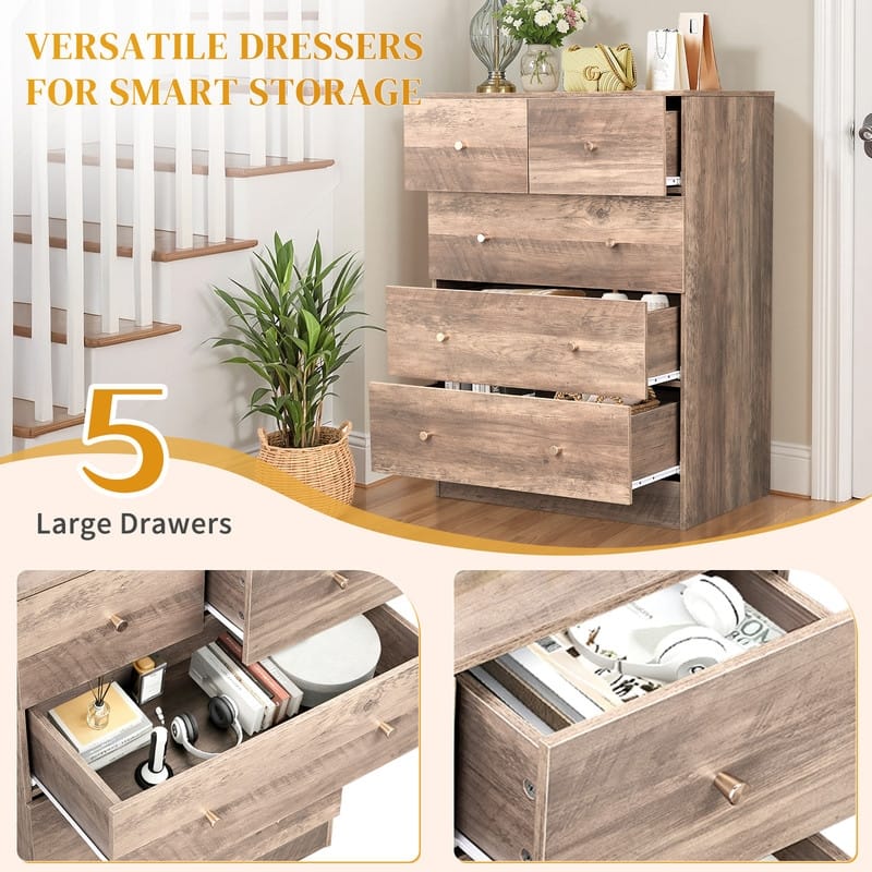 5-Drawer Dresser For Bedroom And Chest Of Drawers With Sturdy Construction Wood Storage Organizer For Closet