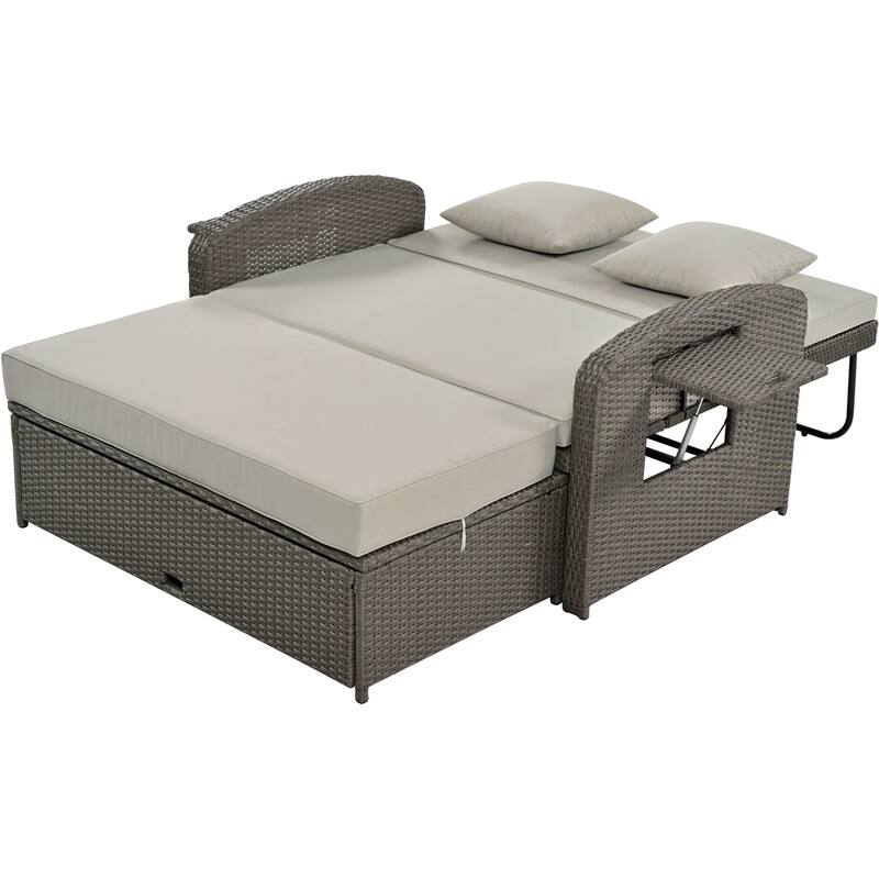 Outdoor Double Reclining Chaise Lounge with Cushions and Waterproof Cover, Adjustable Backrest and Hidden Footrest Storage