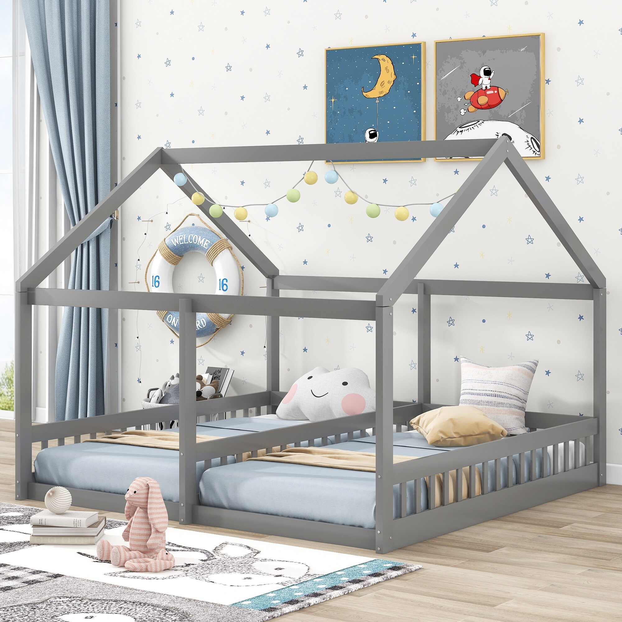 Gray Montessori Bed for 2 Kids Double Bed Frame 2 in 1 Wood Twin Size House Platform Beds with Fence Two Shared Beds with Roof Bed Bath Beyond 41462891