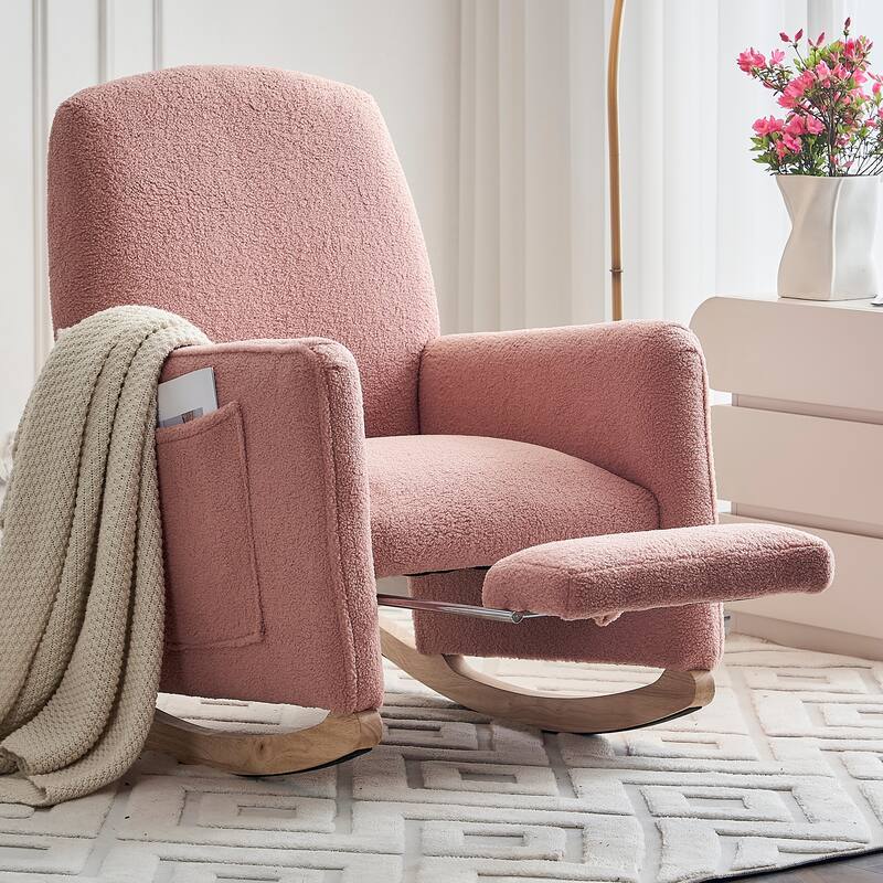 Upholstered Fabric Nursery Rocking Chair with Adjustable Footrest - Pink