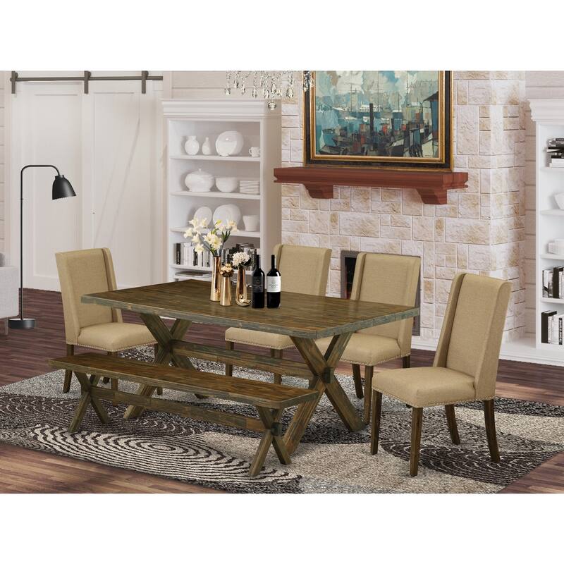 Victorian Dining Set - 6-Piece Table & Chair Set - Linen Fabric Seats - Modern Kitchen Table with Bench