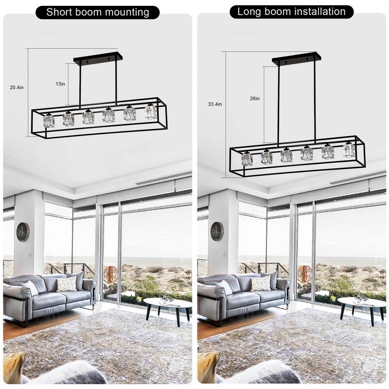 Industrial 6-Light Crystal Farmhouse Chandelier Linear Rectangular Pendant Cage Light, for Dining Room, Kitchen Island, Bar