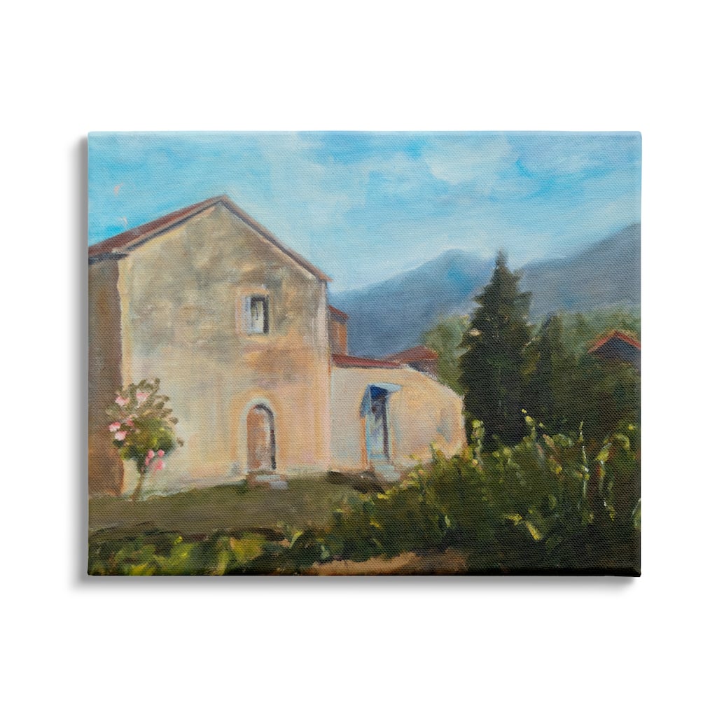 Stupell Traditional Vineyard Villa Landscape Tall Trees Mountain Range Canvas Wall Art - Green