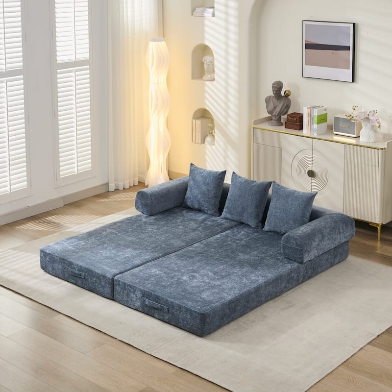 3-Tier Design Convertible Chenille Sofa Bed, Folding Sleeper Floor Sofa with Pillows, No-Assembly Modular Sofa Couch