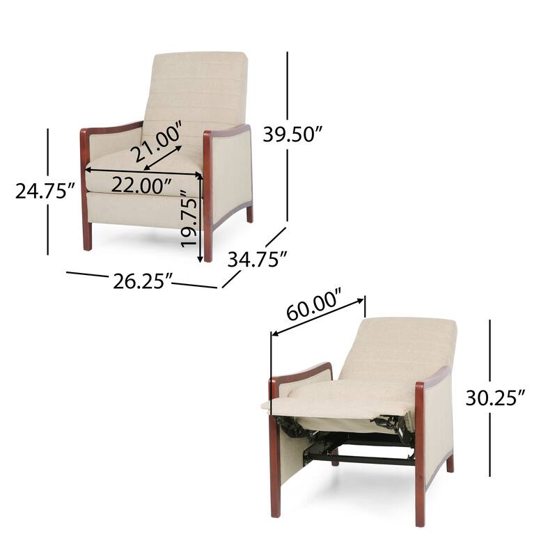 Mid-Century Fabric Push-Back Recliner with Wood Frame, Upholstered Lounge Chair for Home Theater, Single Reading Sofa Chair
