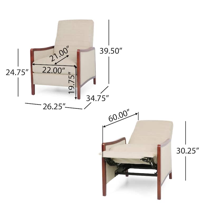 Roomfitters Mid Century Modern Fabric Channel Stitch Wood Pushback Recliner, Elegant Recliner for Living Room