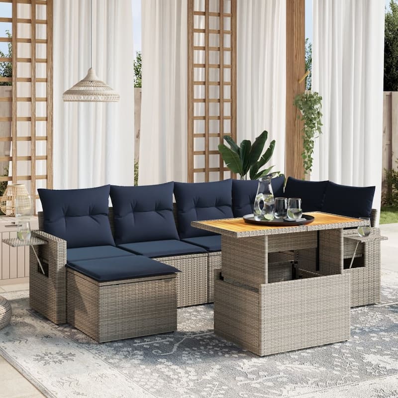 vidaXL Patio Sofa Set with Cushions Outdoor Furniture 7 Piece Poly Rattan - 24.4 x 24.4 x 27.2 - Grey
