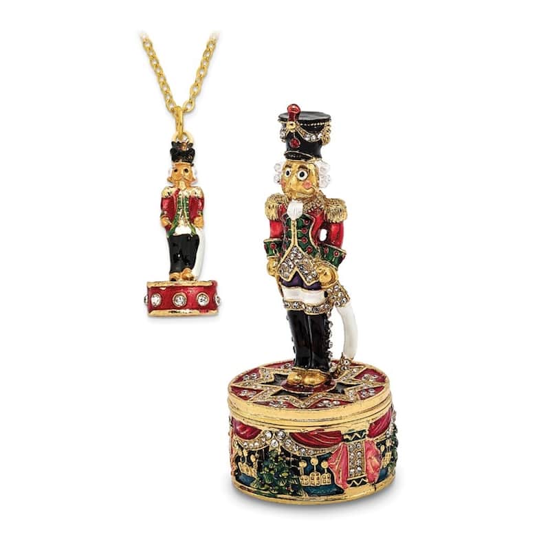Curata Pewter Bejeweled Crystals Gold-Tone Enameled Christoph Nutcracker Trinket Box on 18 Inch Necklace
