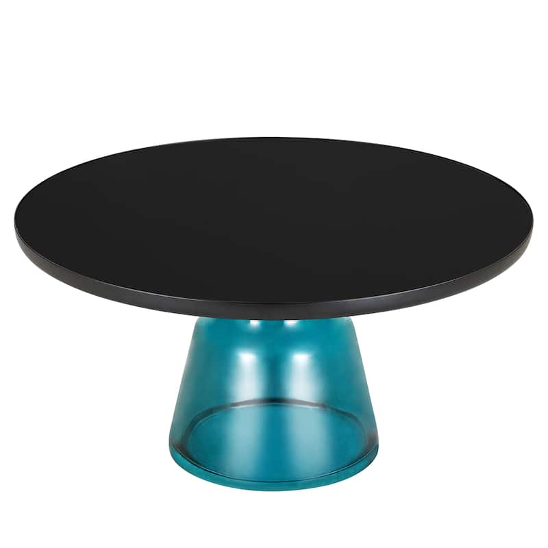 30-Inch Round Coffee Table Glass/Stone Tabletop with Black Iron Rim Frame Glass Pedestal Base