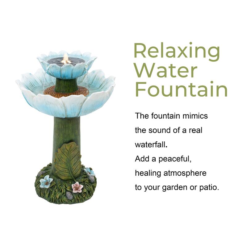 Solar Powered Blue Flower 2-Tier Resin Birdbath Fountain with Lights