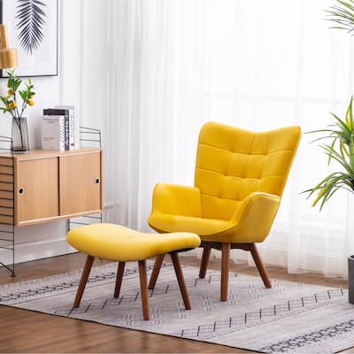 Yellow Modern 33" Polyester Button Tufted Accent Chair with Ottoman and Tapering Wood Dowel Legs