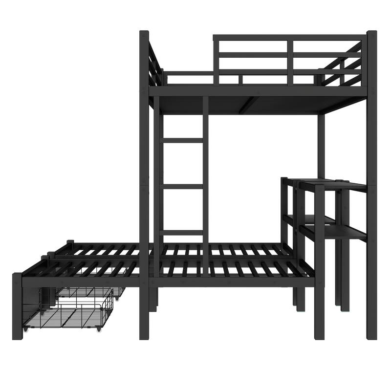 Full XL Over Twin & Twin Triple Bunk Bed with Drawers, Multi-functional Metal Frame Bed, Bed Head with Shelving & USB, Black