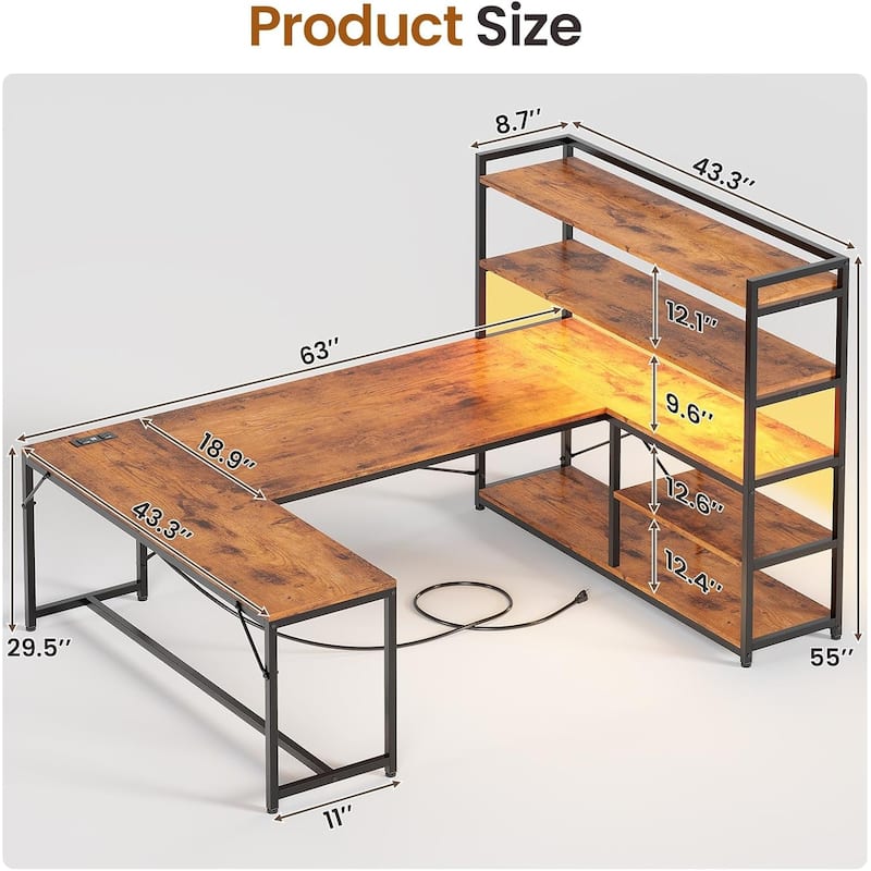 L Shaped Desk Gaming Desk 3 Fabric Drawers 5 Storage Shelves