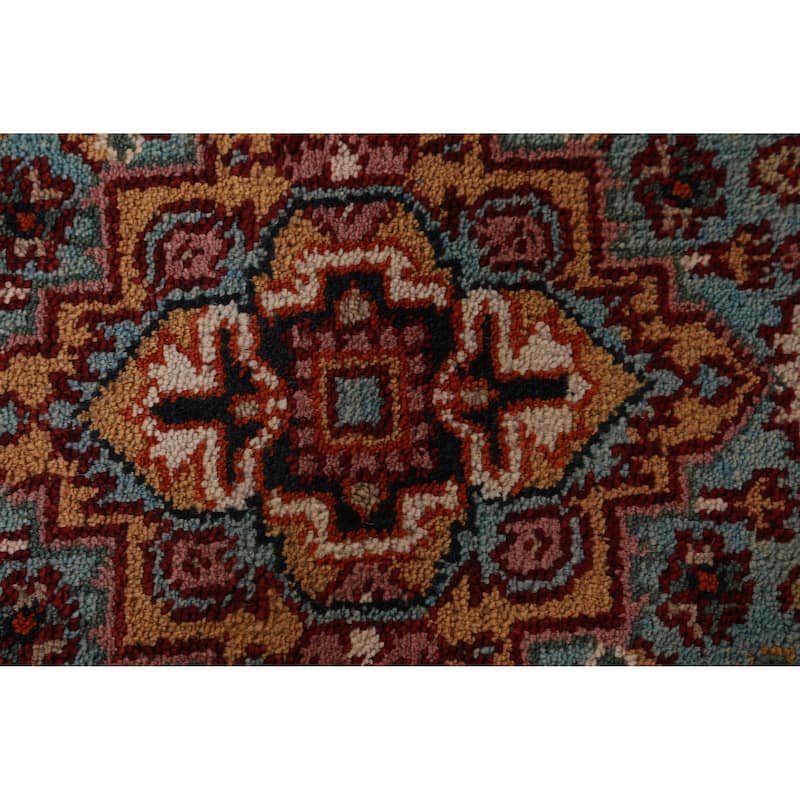Hand Knotted Oriental 100% Wool Carpet Traditional Geometric Navy Blue & Blues Heriz (serapi) Runner Rug - 8' 0'' X 2' 6''