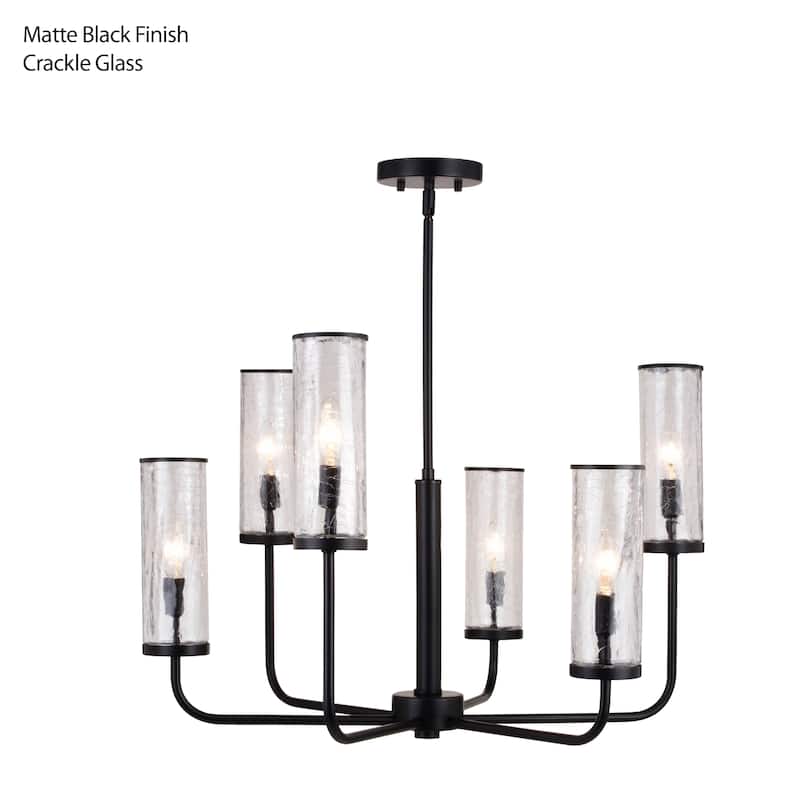 Glencoe 6 Light Matte Black Multi-Level Chandelier Clear Crackle Glass - 28-in W x 21.75-in H x 28-in D